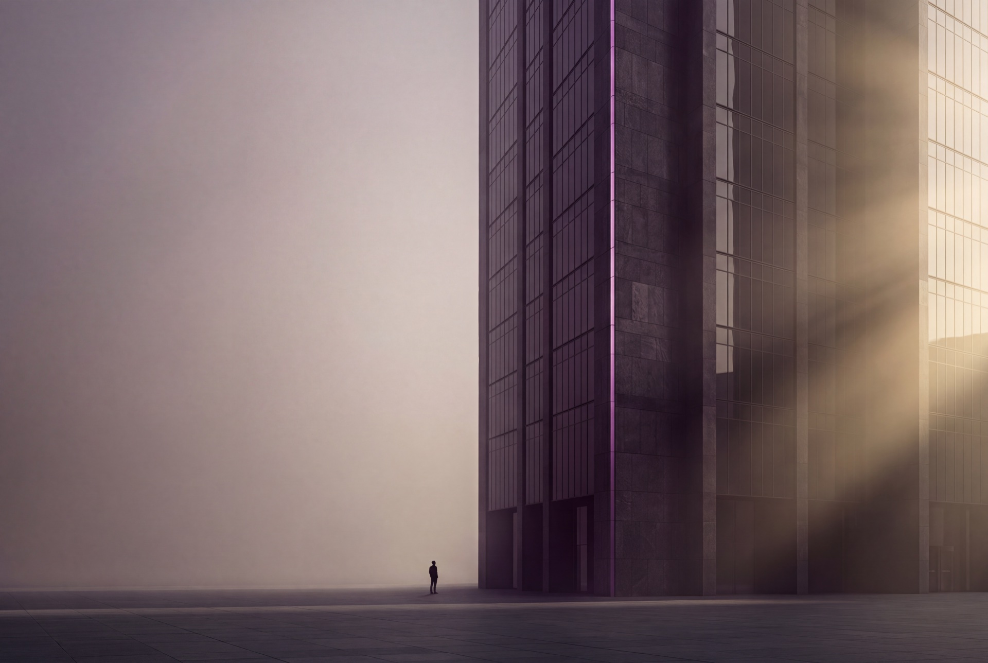 Modern tower rising into haze, lone figure for scale