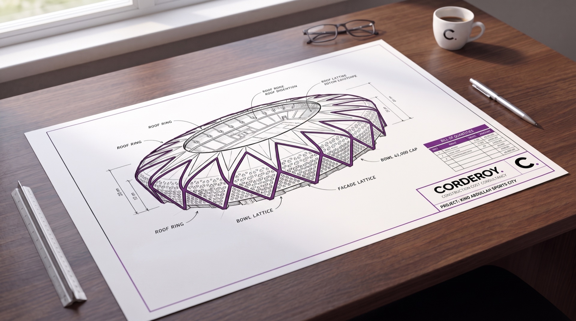 Detailed measurement and cost planning documents on a desk